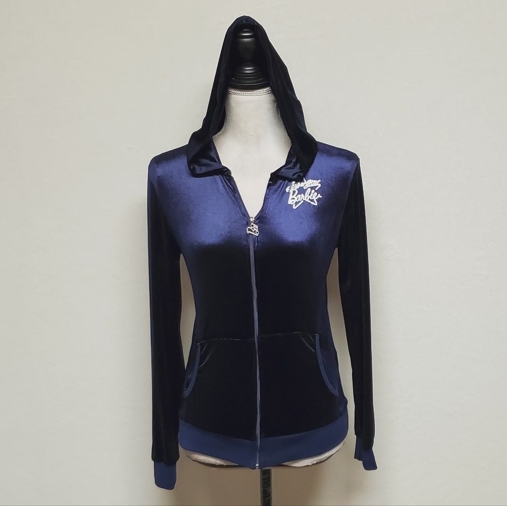 Rare Retro Barbie Loves Splash Silver Superstar Barbie Dark Indigo Velvet Hoodie - Picture 4 of 15